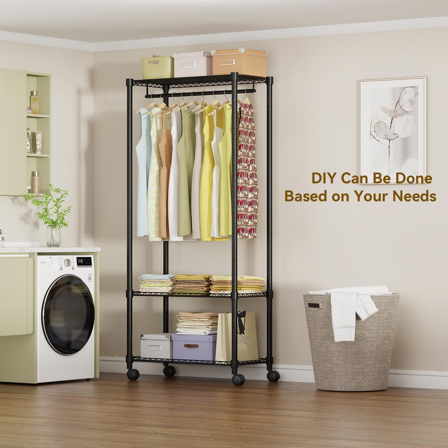 Moogiitools Heavy Duty Rolling Garment Rack 3 Tiers Adjustable with 25mm thick iron pipe,Freestanding Wardrobe Closet Storage Metal for Clothing Hanging （Set of 4 Brake Caster Wheels Included)