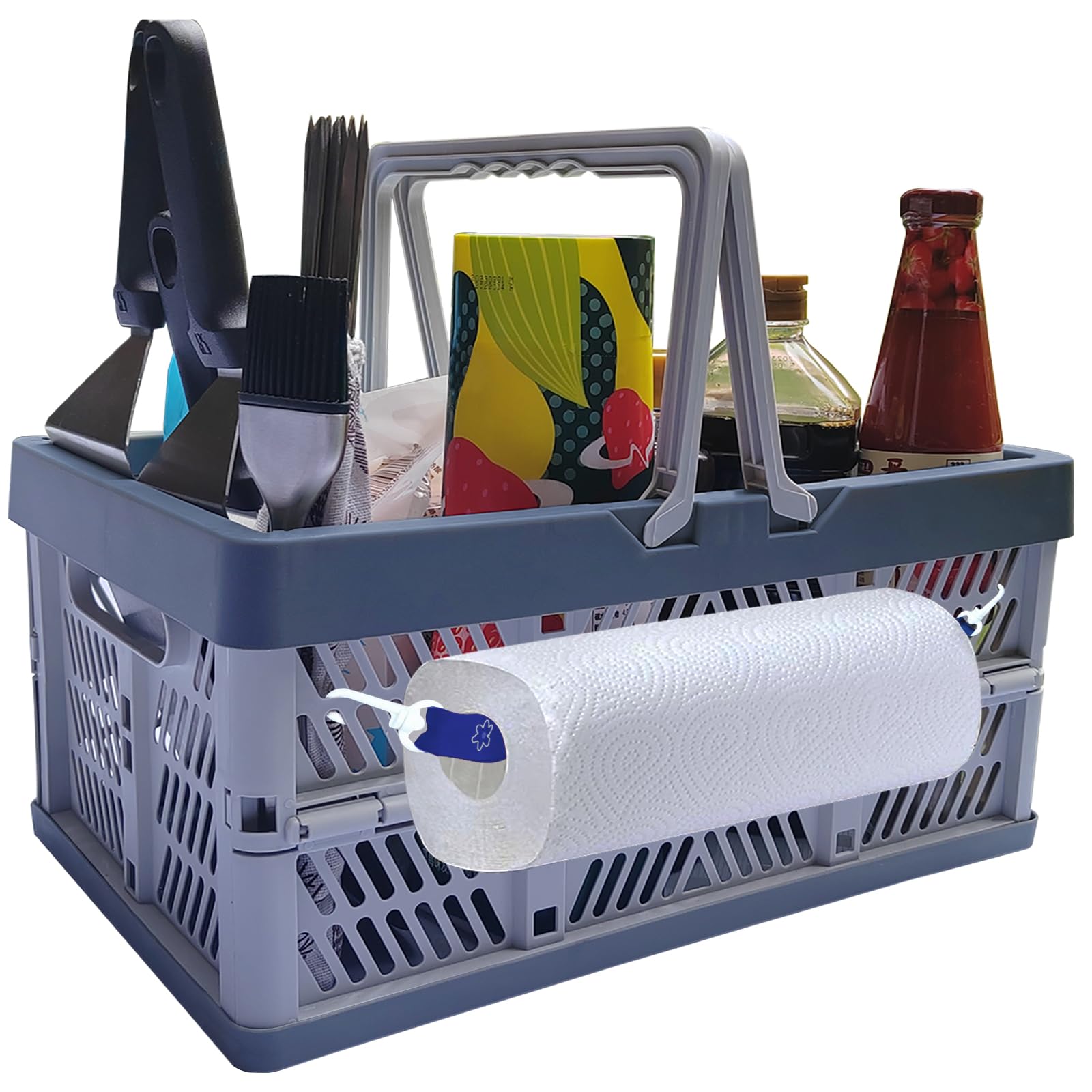 Grillwerkzeug-Aufbewahrung, bewahren Sie alle Ihre Grill-Accessoires an einem Ort auf, Camping-Outdoor-Korb mit Papierhandtuchhalter, Grill-Organizer,