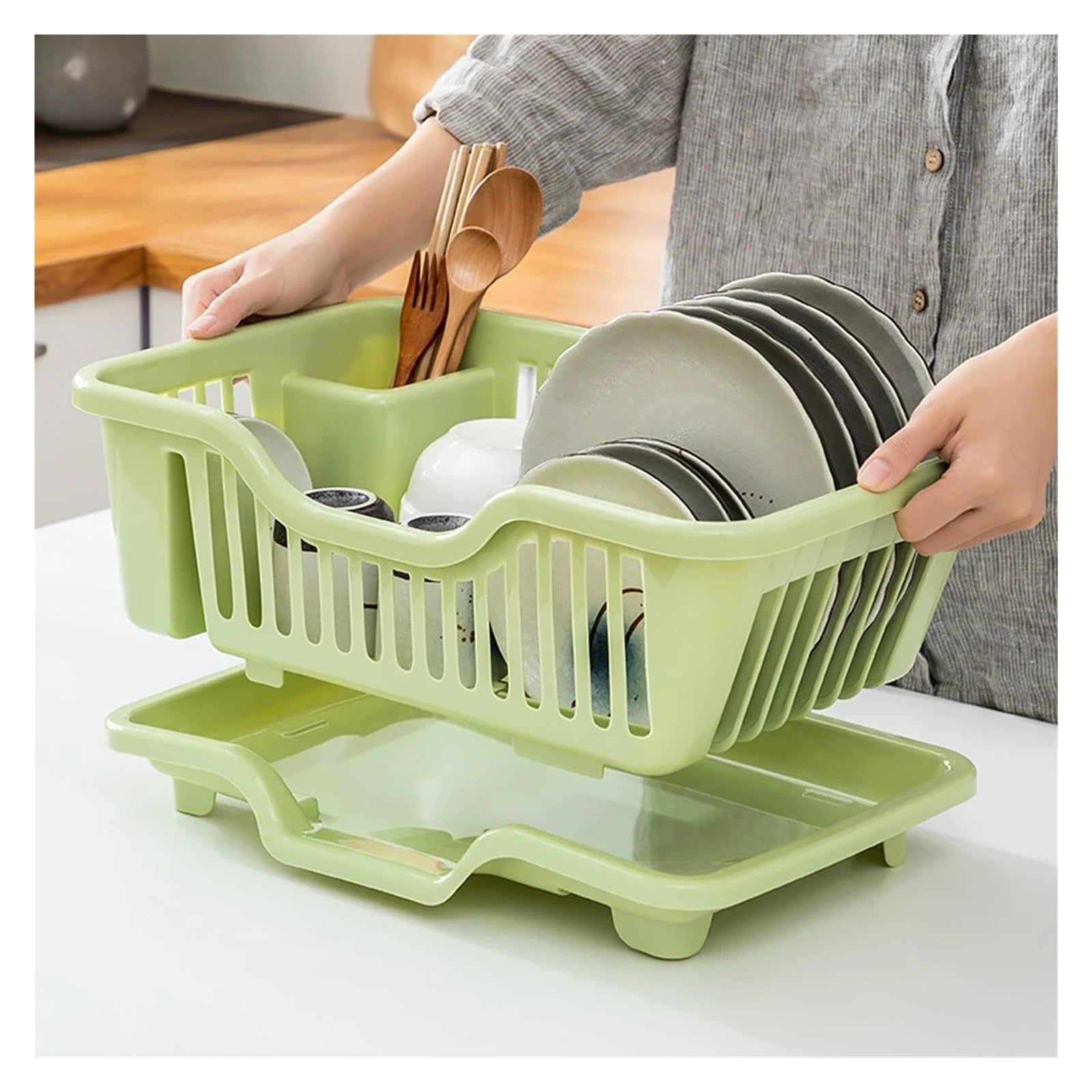 Abtropfgestell For Abtropffläche In Der Küche | Geschirr-Organizer mit Abtropfschale for Teller, Schüsseln, Essstäbchen und Löffel(White)