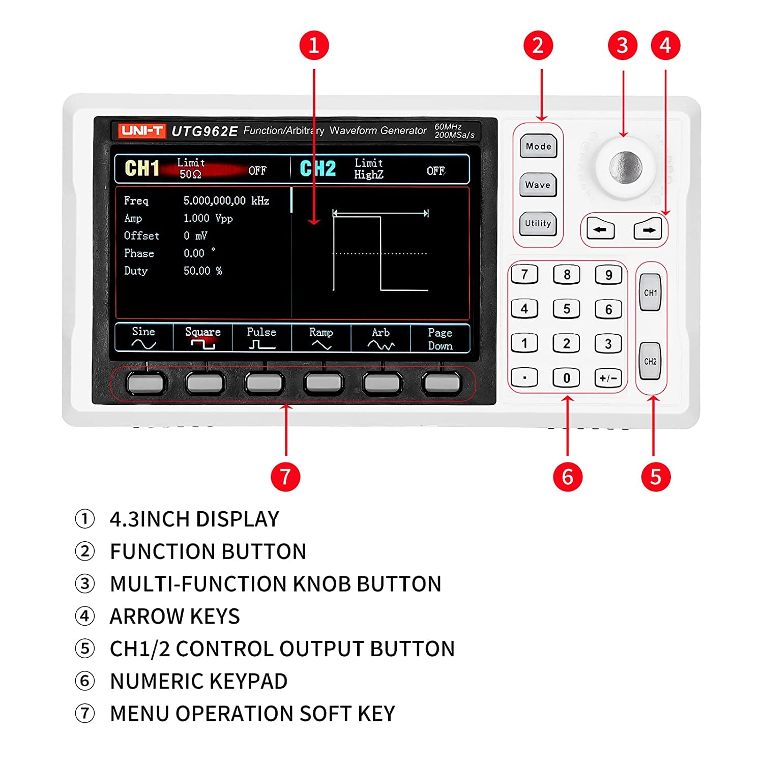 UNI-T UTG962E Generatore di segnale, DDS 60 MHz Function Arbitrary Waveform Generator con TFT LCD da 4,3 pollici, misuratore di frequenza 200 MSa/s a 2 canali (110-240 V EU Plug)