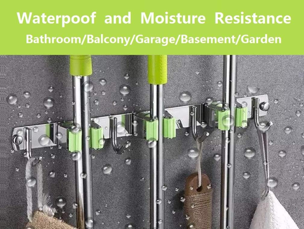 Mop and Broom Holder Wall Mounted Storage Organizer Broom Holder Stainless Steel Mop Holder Utility Tool Organizers with 4 Position 5 Hooks for Laundry Room Garden Garage Closet Kitchen : Tools & Home Improvement