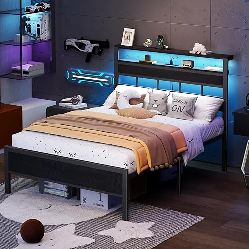 Miniatura 5 de Furnulem Full Size Bed Frame with LED Light and Charging Station, Wood Storage Headboard with 2-Tier Shelves, Metal Platform Bed with Heavy Duty