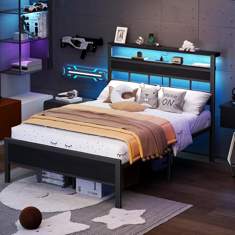 Furnulem Full Size Bed Frame, Storage Headboard, LED & Charger, Black Oak image 5