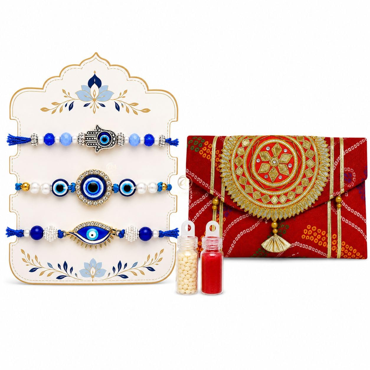 Arrakasta Crafts Rakhi Combo with Rajasthani Bandhani Cash Shagun Bandhej Envelope Clutch Purse for Women, Gift for Sister Bhabhi (3 Hamsa Evil Eye Rakhi with 1 Bandhani Envelope)-picture-12