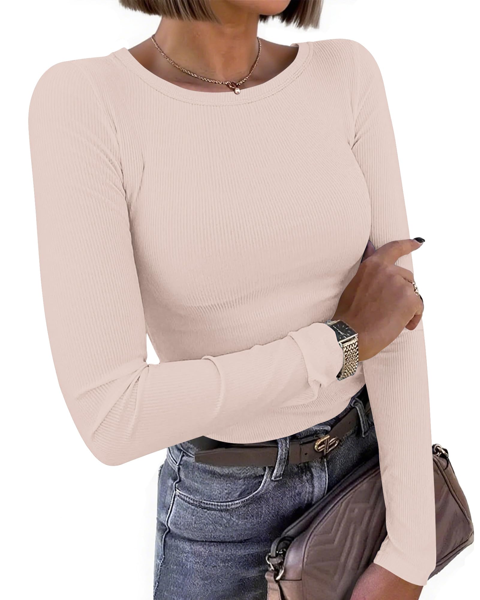 WNEEDU Women Long Sleeve T-Shirt Crewneck Ribbed Knit Slim Fit Tee Tops 2025 Casual Basic Spring Fall Blouse