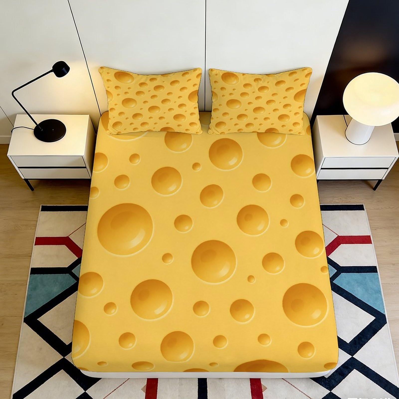 3D Printed Cheese Pattern Fitted Sheet Microfiber Soft Mattress Cover Yellow Decor for Bedroom Guestroom Dorm 90x200x25cm