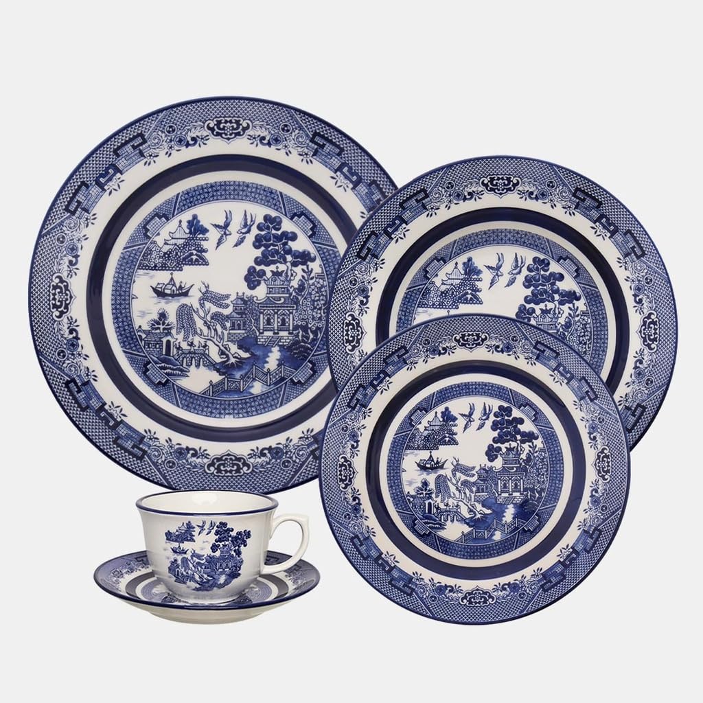 Oxford Flamingo-Blue Willow Porcelain 20 Piece Dinnerware Set Service for 4