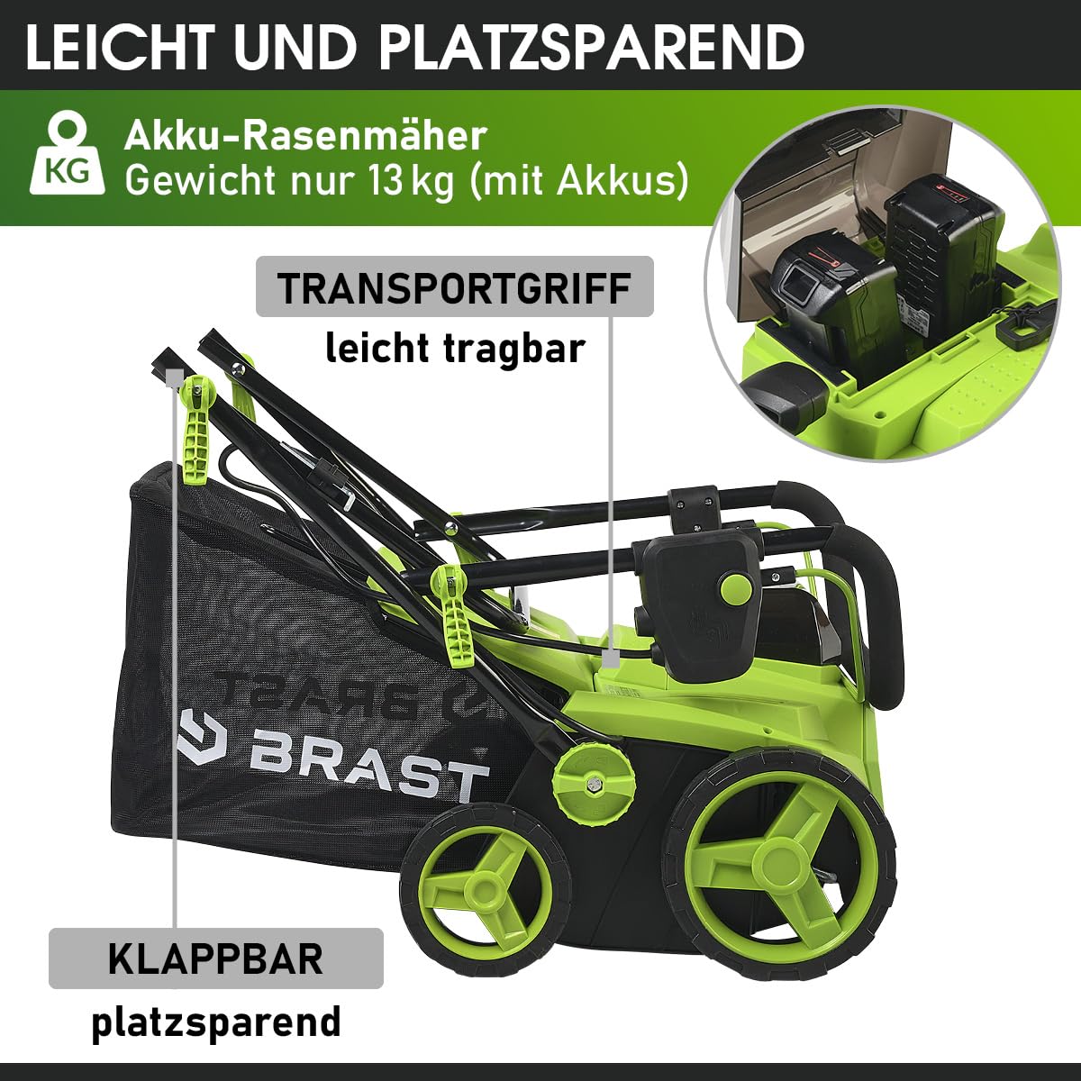 BRAST Akku-Vertikutierer Rasenlüfter 40V | 2x 4,0Ah-Akkus | 38cm Arbeitsbreite | 2in1 Funktion | 5-stufig einstellbare Arbeitstiefe | inkl. Schnellladegerät | 50L Fangsack | für Flächen bis 500 m²
