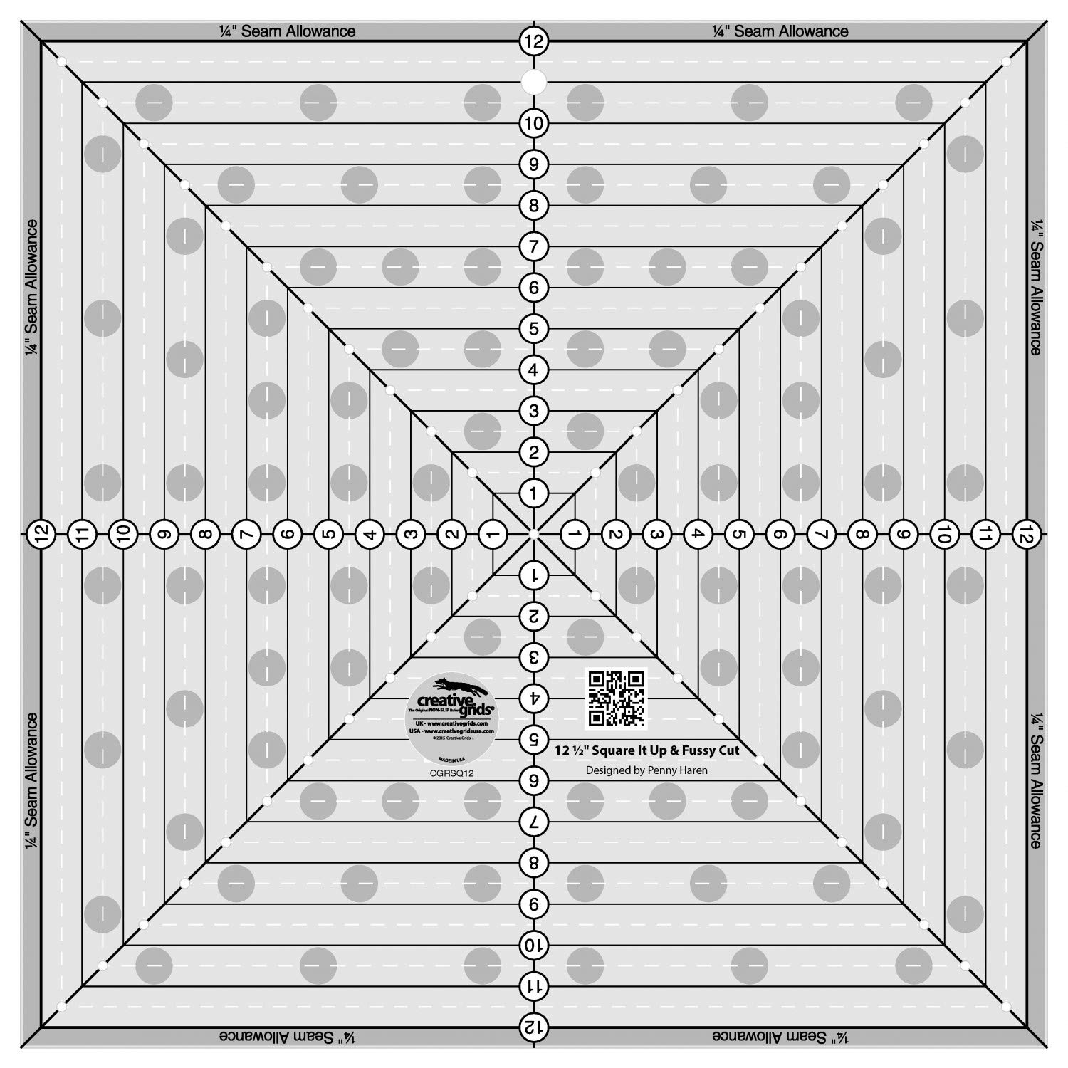 Creative Grids 12-1/2in Square It Up or Fussy Cut Square Quilting Ruler – CGRSQ12 – Made in USA, Non-Slip Grip Acrylic Quilting, Sewing, Crafting, Patchwork Ruler & Template