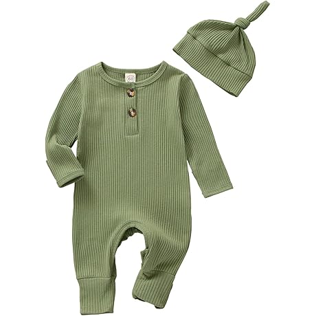 Infant Boys Girls Clothes Set Newborn Baby Romper Hat Ribbed Knit Long...