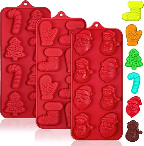Paquete de 3 moldes de silicona para chocolate de Navidad, 8 cavidades antiadherentes de grado alimenticio para hornear, molde de gelatina de gomita