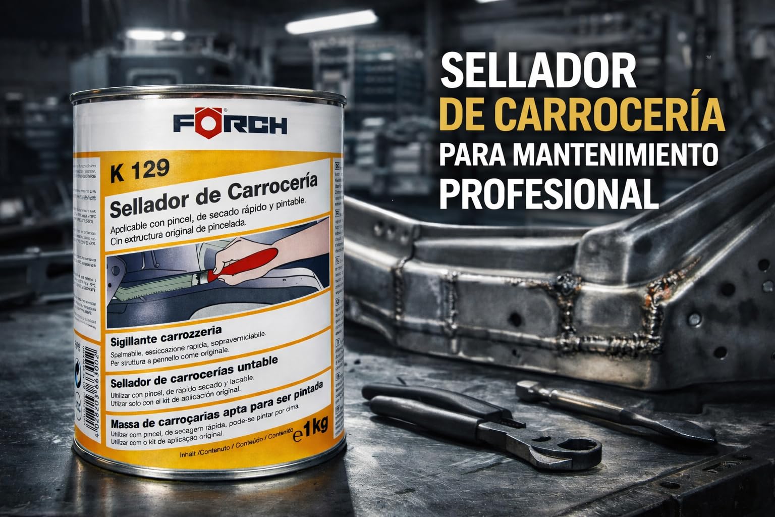 Sellador de Carrocerías a Brocha 1kg K129 Gris/Verde, Masilla de Sellado Elástica de Secado Rápido para Juntas y Solapes de Chapa, Pintable y Resistente a Gasolina, Caucho de Nitrilo para Automoción