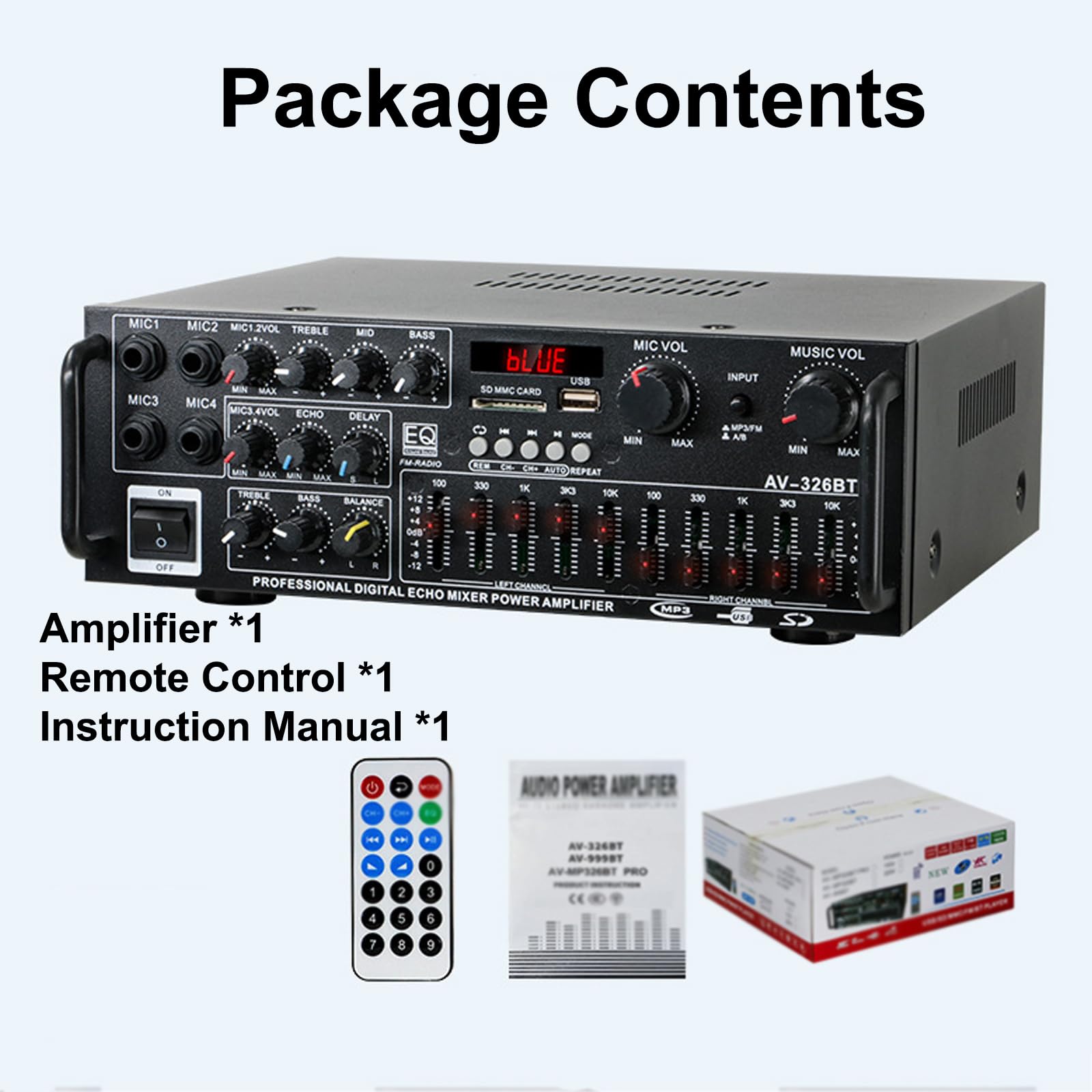 Amplificatore Audio Stereo, Ricevitore Equalizzatore con Telecomando e USB e 4 ingressi Microfono, Doppia Regolazione Equalizzatore a 5 Bande, per Home Theater, Audio per Auto, Karaoke, Feste