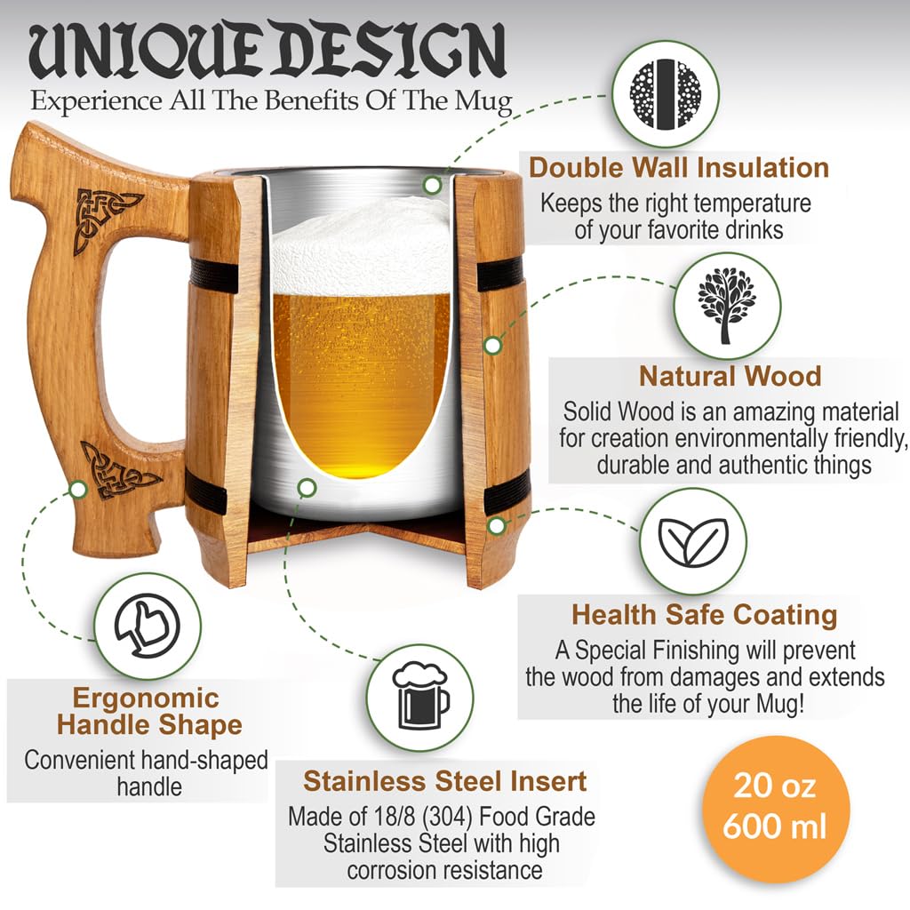 TESLYAR Viking Tankard - 0,6 l handgemaakte eikenhouten biermok voor mannen, houten mok, Viking| Geschenken voor mannen die alles hebben - biertankards ideaal voor verjaardag, Kerstmis, Vaderdag TESLYAR Viking Tankard - 0,6 l handgemaakte eikenhouten biermok voor mannen, houten mok, Viking| Geschenken voor mannen die alles hebben - biertankards ideaal voor verjaardag, Kerstmis, Vaderdag