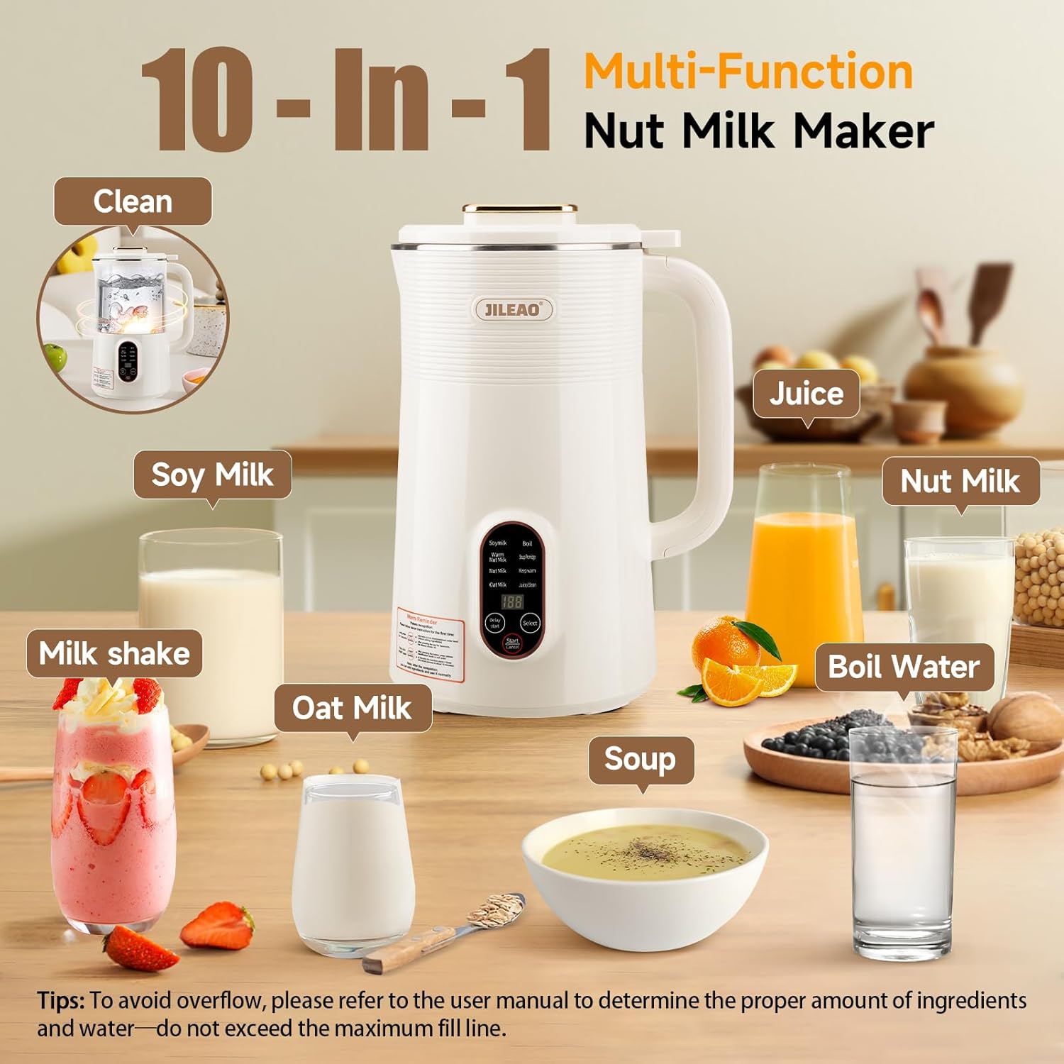 10 in 1 Almond Milk Maker & Nut Milk Maker Machine, 35oz Automatic Soy, Oat, Coconut Milk, Juice & Porridge Maker with 8 Blades, Delay Start, Keep Warm, Boil Water, Self-Cleaning, Cream
