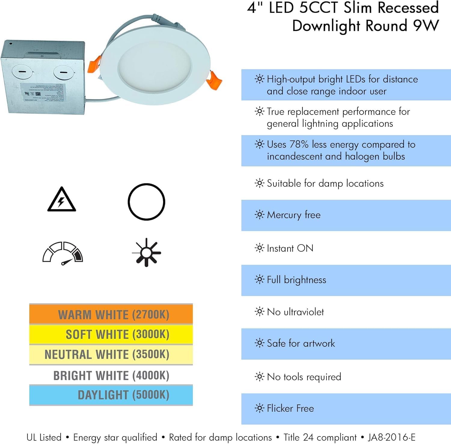 4 Inch Dimmable LED 5CCT Ultra-Slim Recessed Downlight with Junction Box, 9 Watts, 700 Lumen, ES Qualified, UL Listed (4)