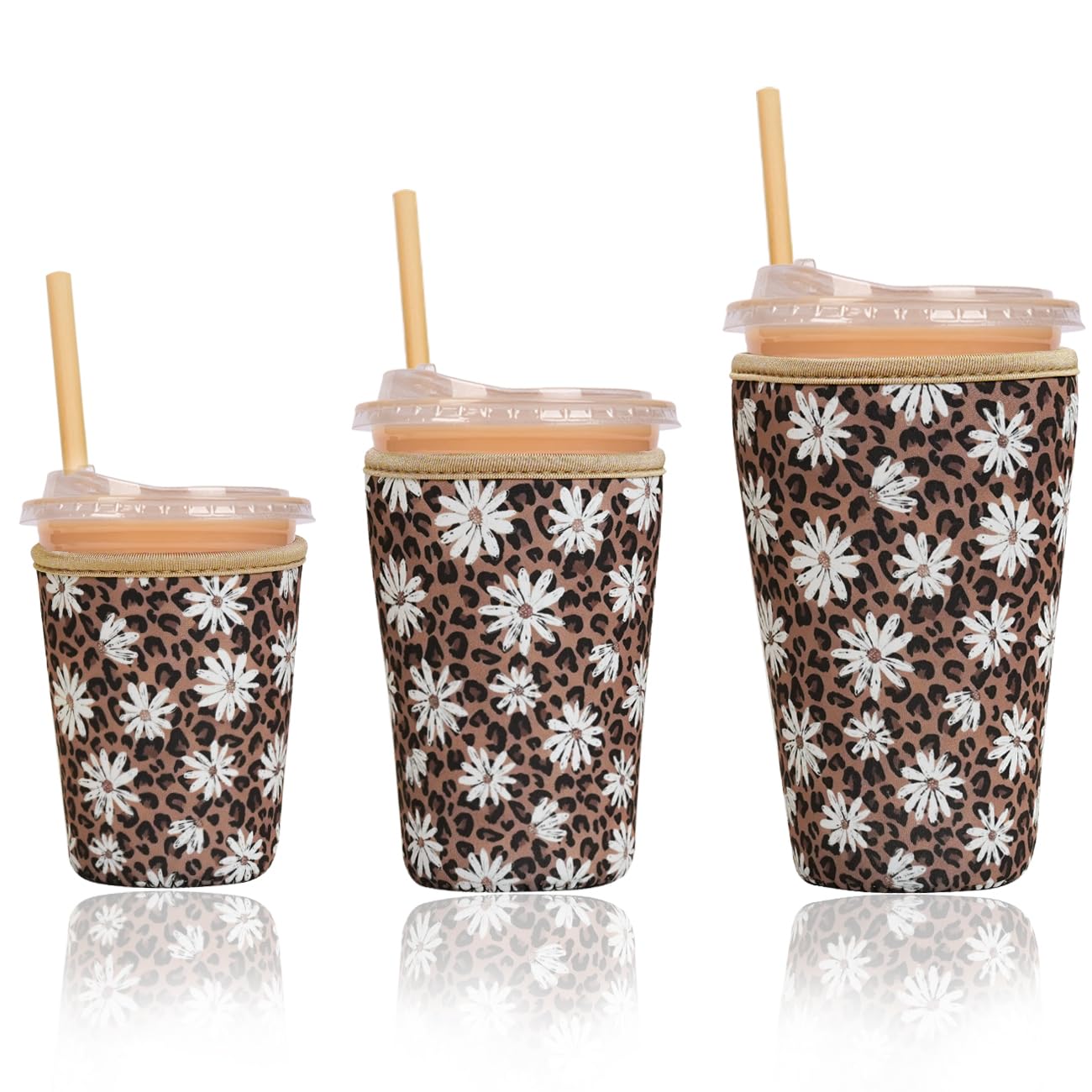 Reusable Insulated Sleeve for Iced Coffee Cup, 3-Pack Coffee Neoprene Drink Sleeve for Cold &amp; Hot Drinks, Beverage Holder for Iced Coffee (Leopard Daisies)