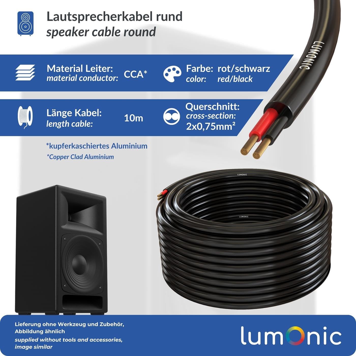 Lumonic Kabel glosnikowy 10m Czarny | 2x 0,75mm² CCA | Kabel glosnikowy HiFi | Okragly kabel audio | Profesjonalne PA Okragly kabel audio do instalacji