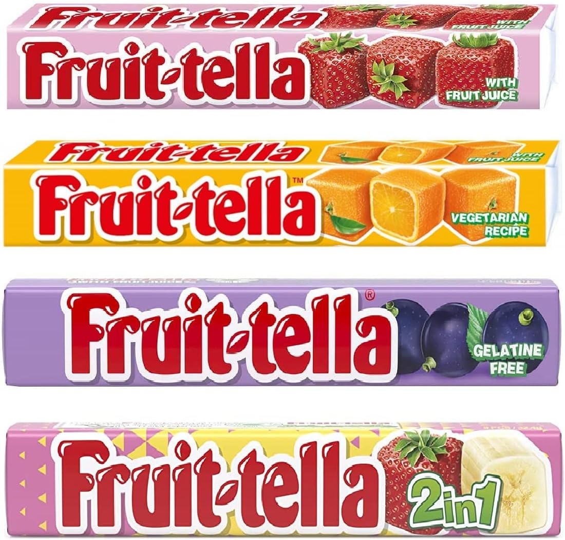 Perfetti Fruittella Combo Pack With Fruit Juice, Strwaberry, Orange, Grape, Strawberry Banana, Gelatin Free 32 Gram Each Pack Of 4