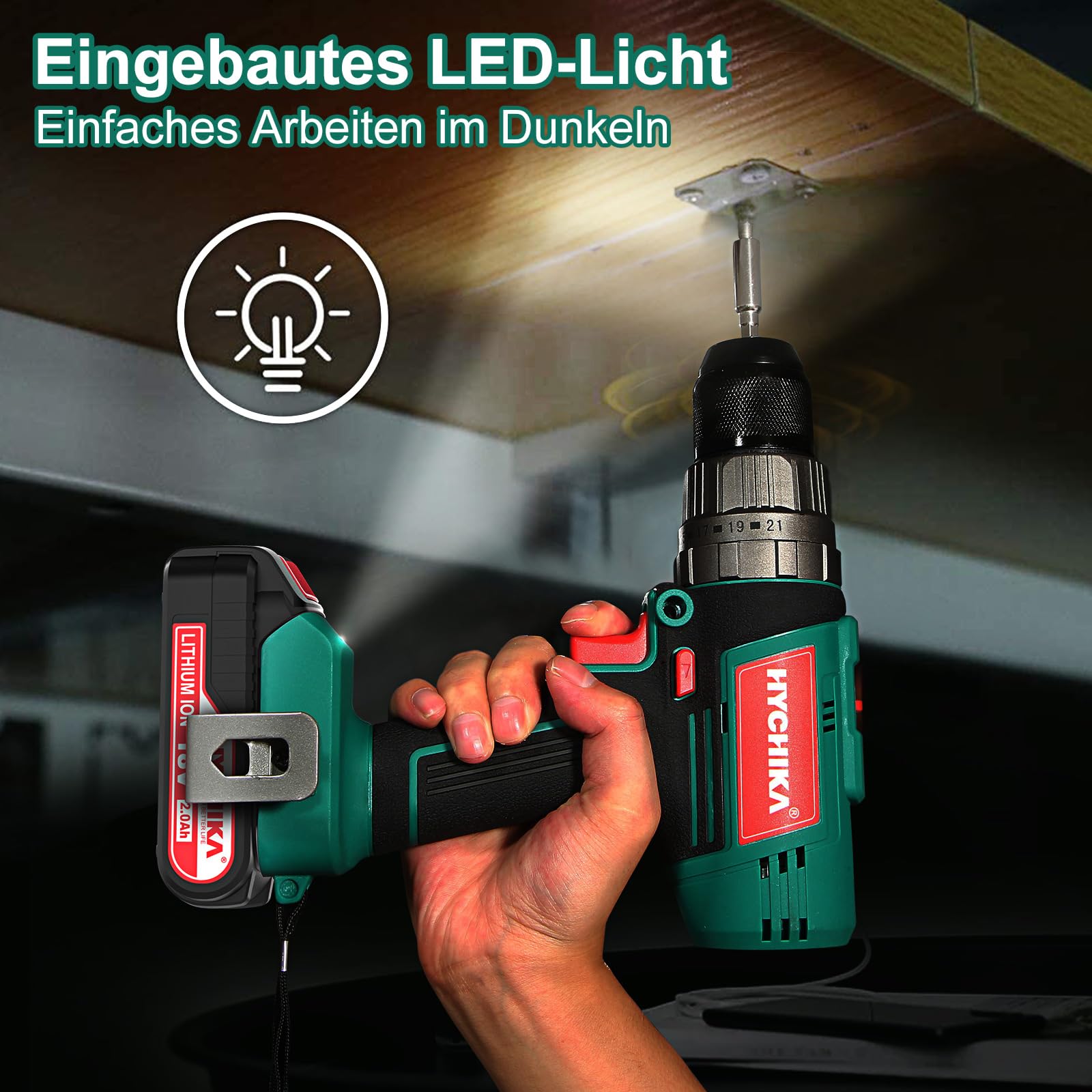 HYCHIKA Akkuschrauber, 18 V, max. 45 Nm, Akkuschrauber und Bohrschrauber, mit 2,0-Ah-Akku und 27-teiligem Zubehörset, 21+3 Stufen, 2-Gang-Bohrmaschine zum Bohren, Schrauben, Schlagschrauber