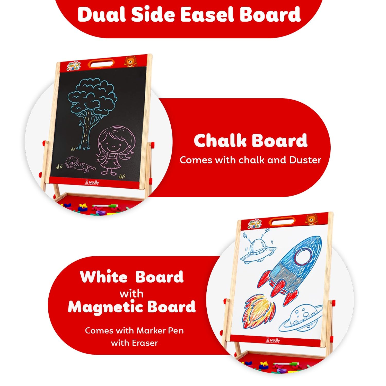 Wudly® Wooden 2-in-1 Kids Easel Board | Magnetic Whiteboard & Blackboard with Alphabet Magnets | Drawing, Writing & Learning Educational Toy for Kids 3-10 Years - Image 3 thumbnail