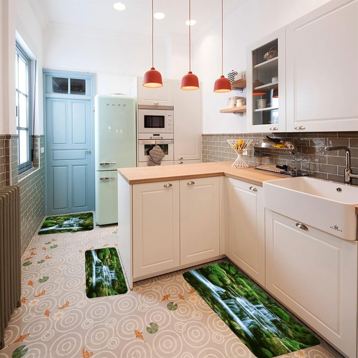 Waterfall Flowing Down Kitchen Mats Soft Absorbent Rugs for Floor Non Slip Washable Kitchen Mats Fashion Rectangular Rugs for Three-Piece Set for Laundry Office Home Sink
