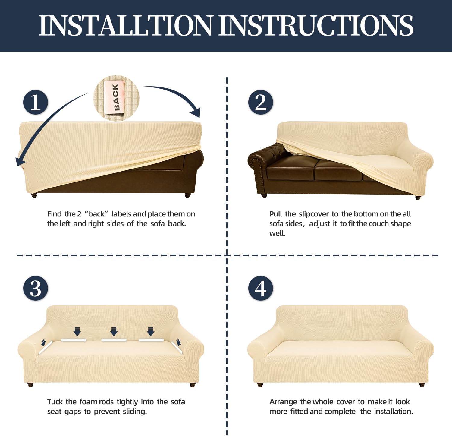 Stretch Sofa Slipcover for 3 Cushion Couch, Washable Pet Friendly Furniture Protector with Non Slip Elastic Bottom for Dogs,Kids,Jacquard Fabric Small Checks (Large,Champagne)