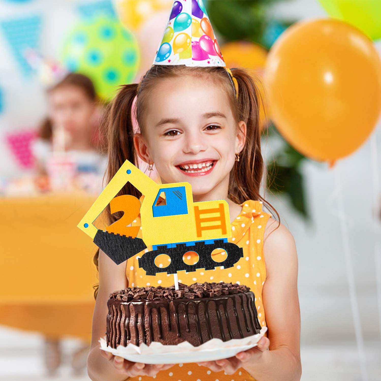 BeYumi Construction Truck 2nd Birthday Cake Topper Decoration, Excavator Digger Two Felt Cake