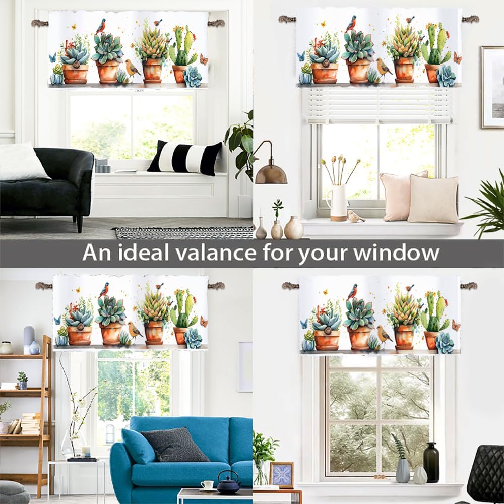1 Panel Vibrant Birds Butterfly Valance for Windows, Succulent Pots Rod Pocket Valance Curtains Home Decor Window Treatment for Kitchen/Living Room