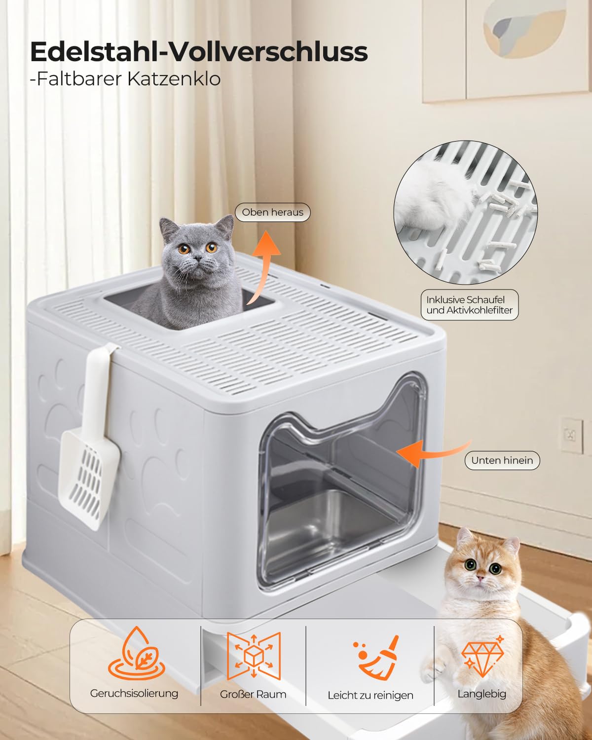 Katzenklo mit Deckel, ausziehbares hochwertiges Tablett und Katzenklo Schaufel, hop in Katzenklo XXL Katzentoilette geschlossen geräumig katzenklo groß für Katzen bis 15 kg, Leichtere Reinigung