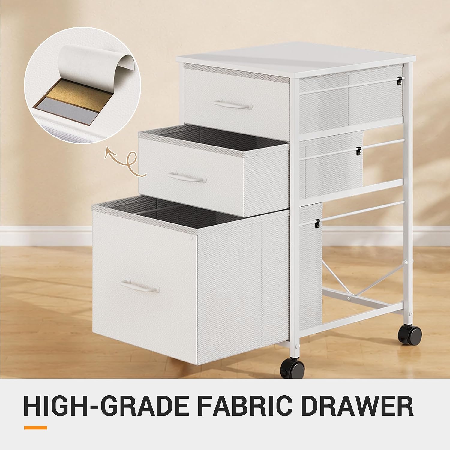 DEVAISE Mobile File Cabinet, Rolling Printer Stand with 3 Drawers, Fabric Vertical Filing Cabinet fits A4 or Letter Size for Home Office, White image 4