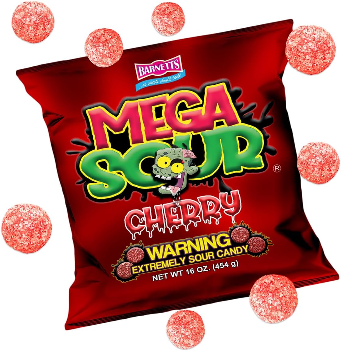 Barnetts - Mega Sour Candy Cherry 454g - Trendy Sweet Bags - Traditionally Handmade Sweets - Sour Coating Lasts 20 Seconds - Candies for Party Bag, Gift Hamper, or Hamper Box