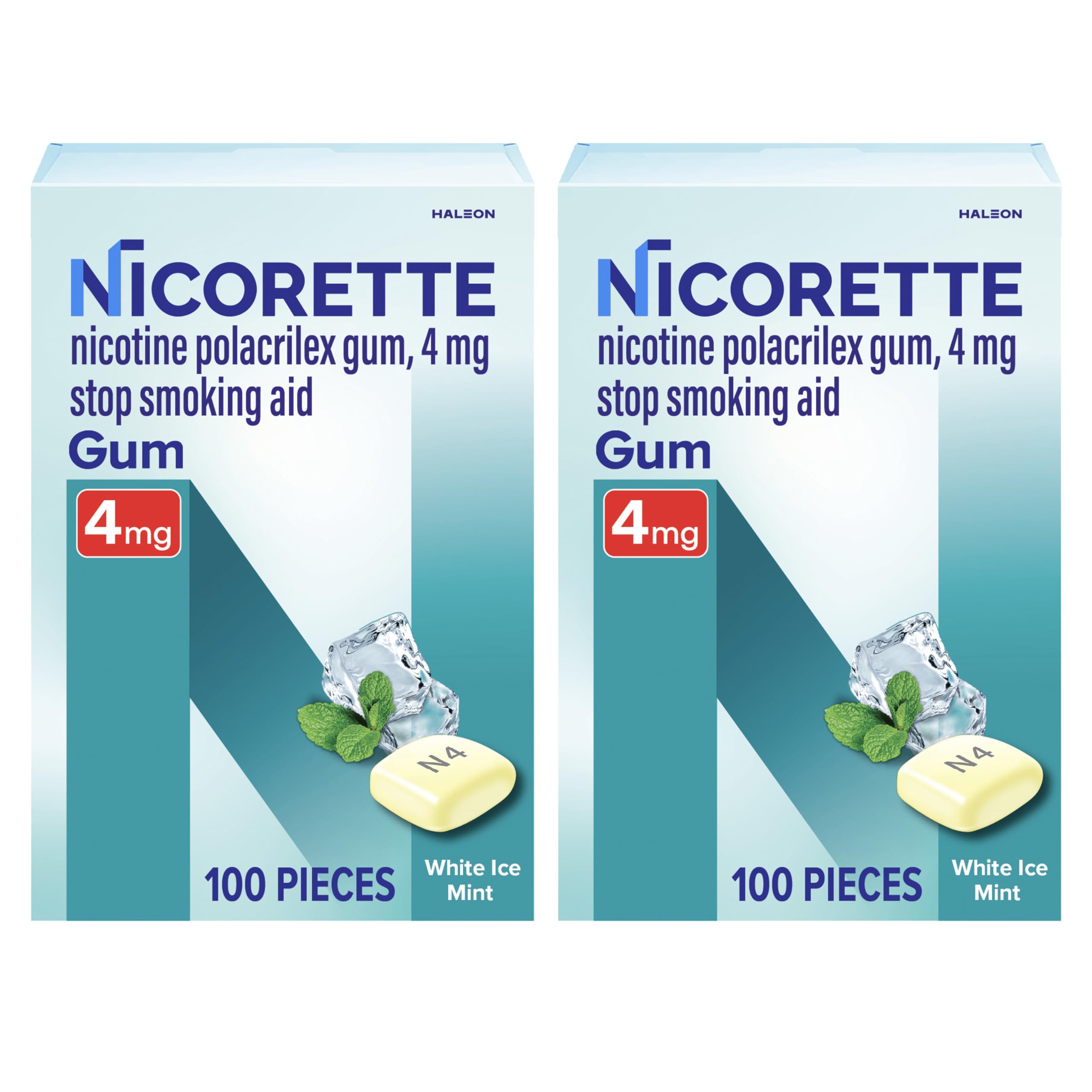 NicoretteNicotine Gum Stop Smoking Aid, 4 mg, White Ice Mint Flavor - 100 Count (Pack of 2)