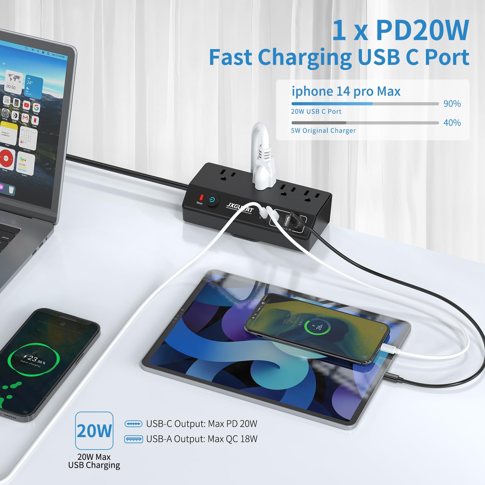 JXGUCAT - Computer-Stromleiste mit PD 20 W USB C, abnehmbarer Überspannungsschutz, Schnellladung, Verlängerungskabel, 3 m, Flachstecker mit 4 Steckdosen, 4 Ports