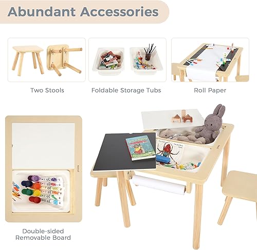 Miniatura 3 de Bateso Mesa sensorial con 2 sillas y 1 rollo de papel, mesa multifunción de madera para niños de arena y agua con tablero de doble cara y 2