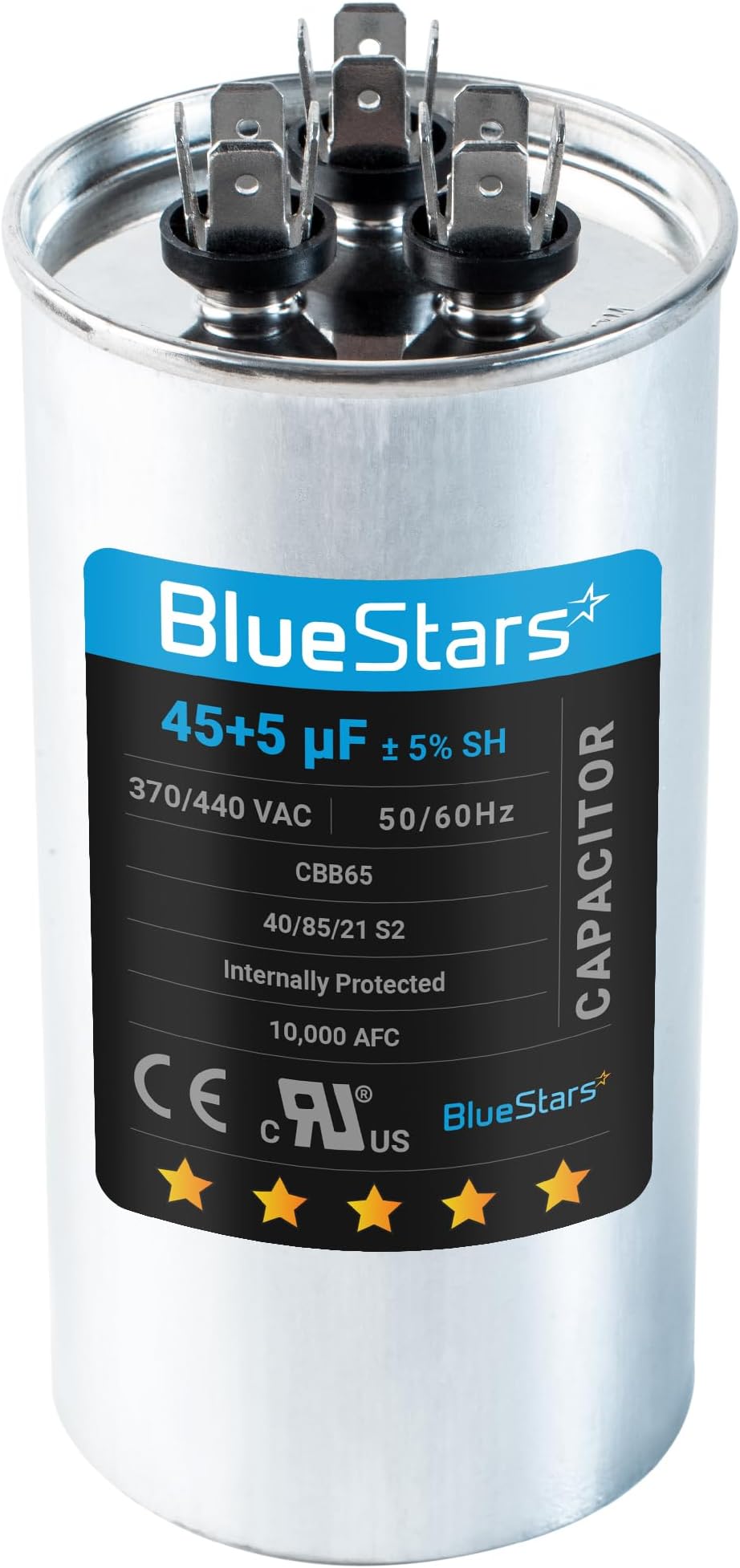 [UL Certified] BlueStars 45+5 uF 45/5 MFD 370V or 440V AC Dual Circular Run Start Capacitor CBB65 50/60 Hz - Fit Air Conditioner Motor Run or Fan Start or Condenser Straight, Replace 97F9895 Z97F995