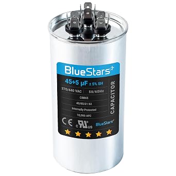 [UL Certified] BlueStars 45+5 uF 45/5 MFD 370V or 440V AC Dual Circular Run Start Capacitor CBB65 50/60 Hz - Fit Air Conditioner Motor Run or Fan Start or Condenser Straight, Replace 97F9895 Z97F995