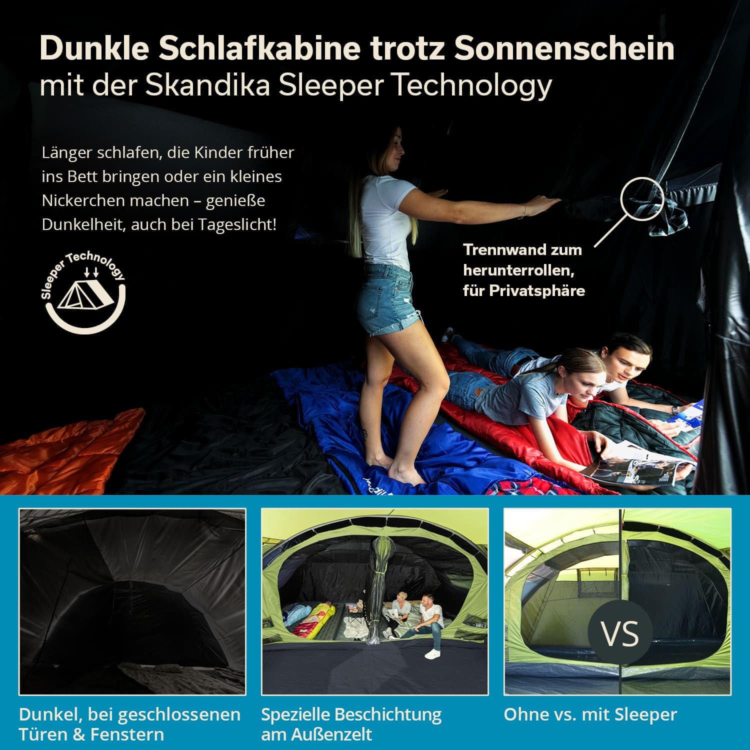 Skandika Tunnelzelt Gotland für 6 Personen | Familienzelt mit eingenähtem Zeltboden, wasserdicht, 5000 mm Wassersäule, mit/ohne Sleeper Technologie, teilbare Schlafkabine, Moskitonetz | Campingzelt