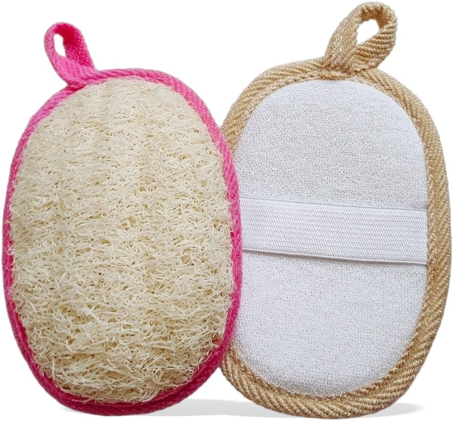 Natural Loofah Exfoliating Body Scrubber, Made of Organic Loofah for Gentle Cleansing of Body and Face, Men Women 2 Pack (Beige/Pink)