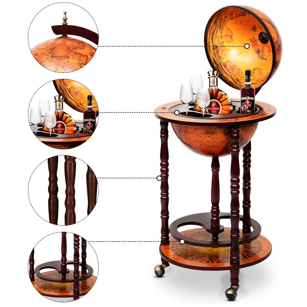 RELAX4LIFE Globusbar mit Rollen, Minibar Massivholz, Weinregal Flaschenregal mit Bodenplatte, Barwagen Weltkugel, Hausbar, Globus Bar, Weinschrank, Tisch Bar, Cocktailbar (Braun, Ø45 x 88 cm)