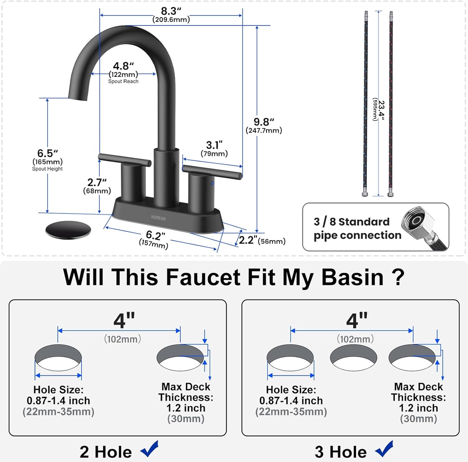 Hurran 4 Inch Bathroom Faucet for Sink 3 Hole, Matte Black Bathroom Faucet with Pop-up Drain and 2 Supply Hoses,Stainless Steel Lead-Free 2-Handle Centerset Faucet for Sink Vanity RV - Image 3