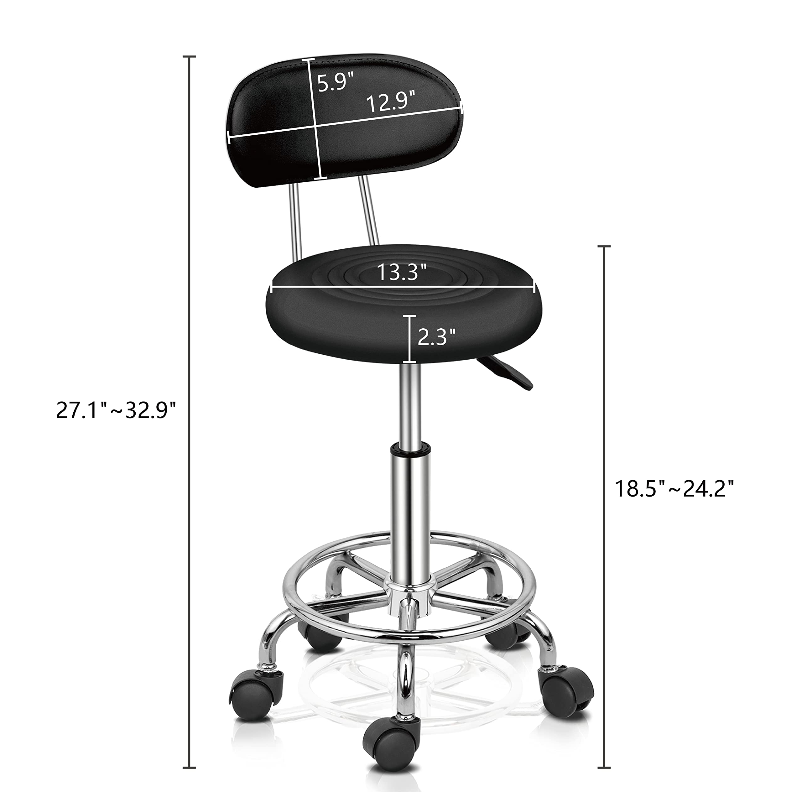 Bonnlo Tabouret à roulettes,réglable en Hauteur avec Dossier | Tabouret de Bureau, Travail, pivotant pour Salon et Bar, Similicuir, Noir