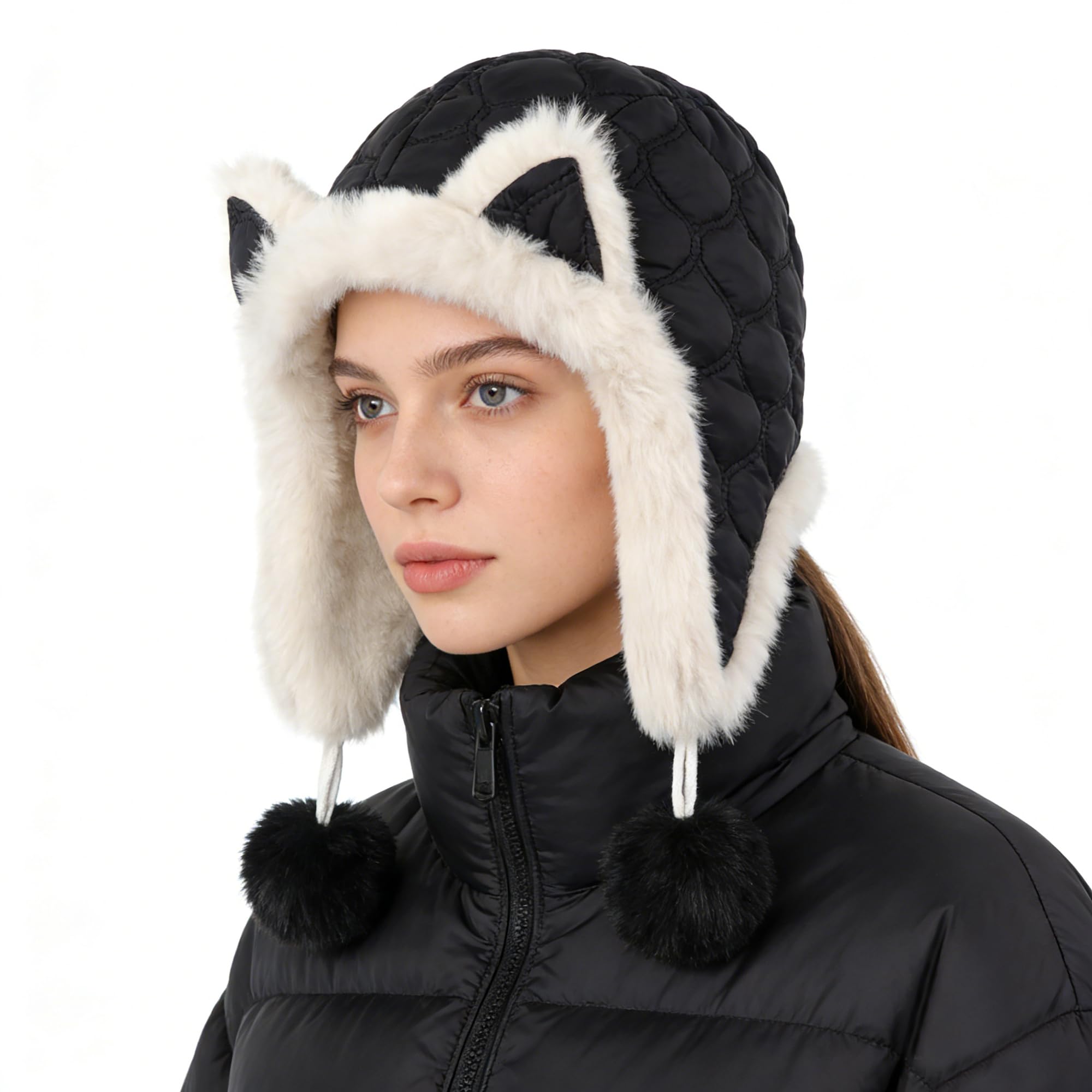 JIAHG Chapeau de Trappeur avec Oreilles de Renard pour Femme et Fille Chapka d'hiver à Pompons Doublure en Peluche Épais Chaud Cagoule avec Oreillettes Bonnet de Ski Neige Snowboard