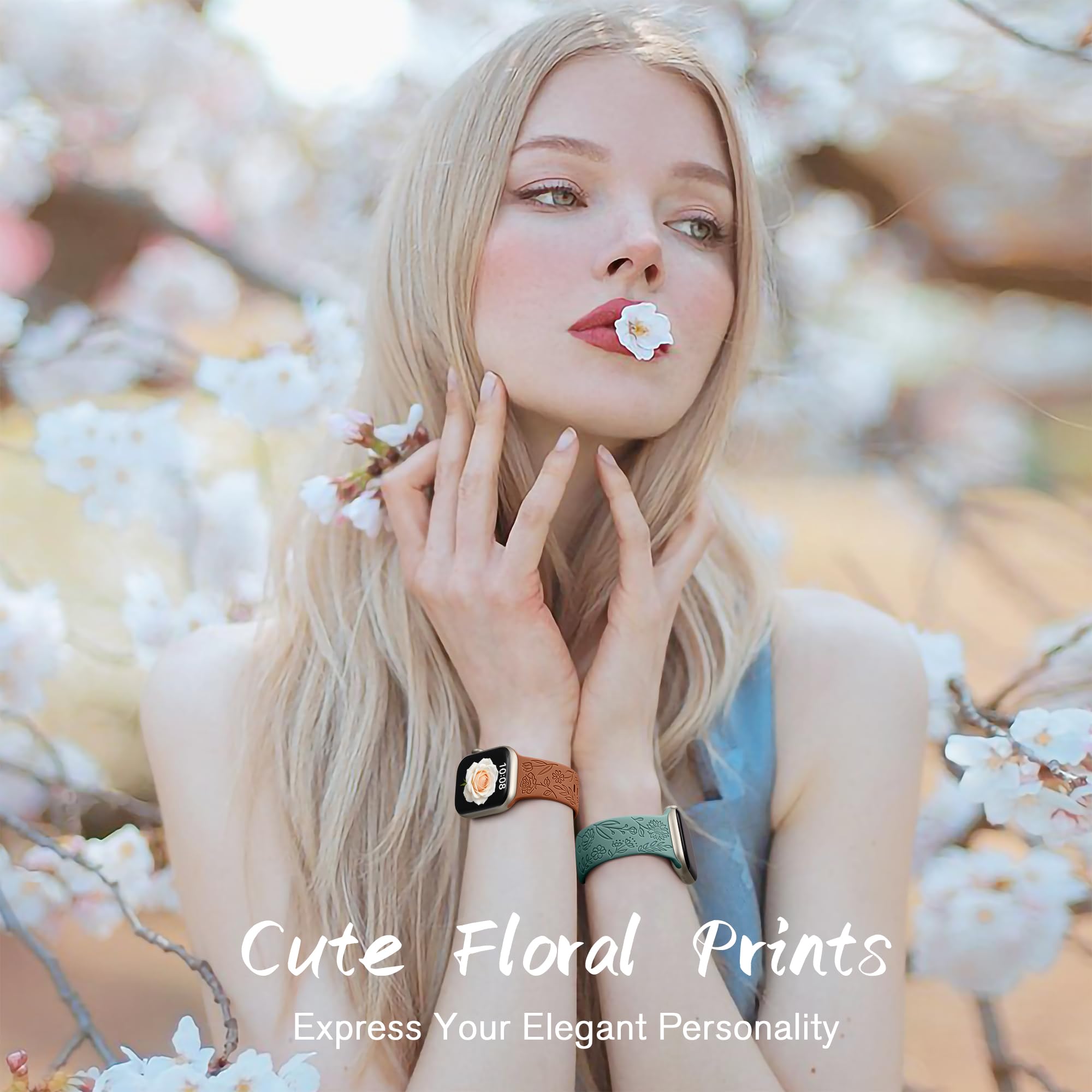 SNBLK 6 Pack Floral Engraved Bands Compatible with Apple Watch Bands 40mm 41mm 42mm 38mm 44mm 45mm 46mm 49mm Women Men, Silicone Flower Pattern Strap for iWatch Series 11 10 Se Ultra 9 8 7 6 5 4 3 2 1 - 3