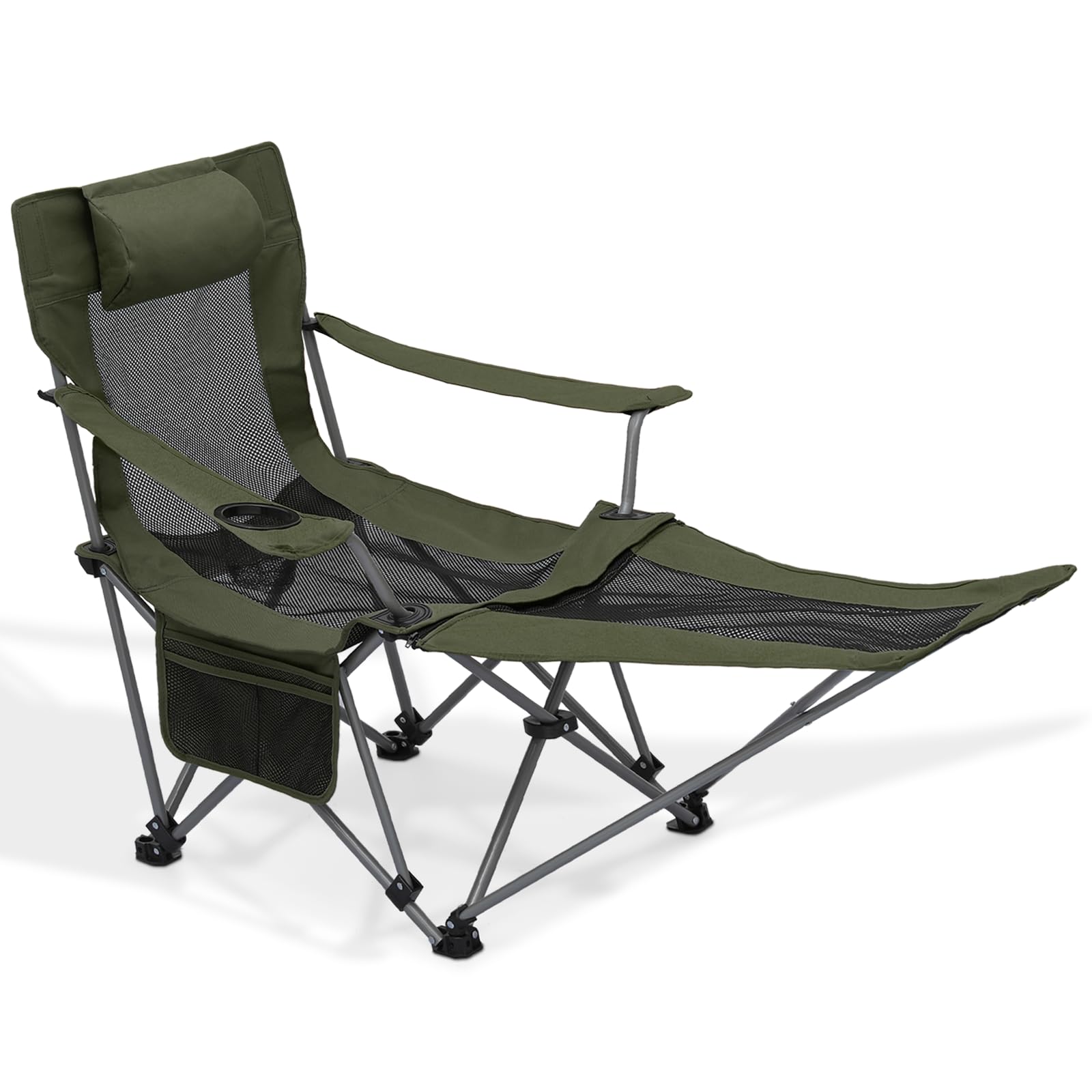MoNiBloomPortable Folding Reclining Camping Chair with Foot Rest for Adults Outdoor Beach Hiking Fishing Lounge Recliner Mesh Camp Chair with Headrest Footrest Cup Holder Side Pocket (Dark Green)