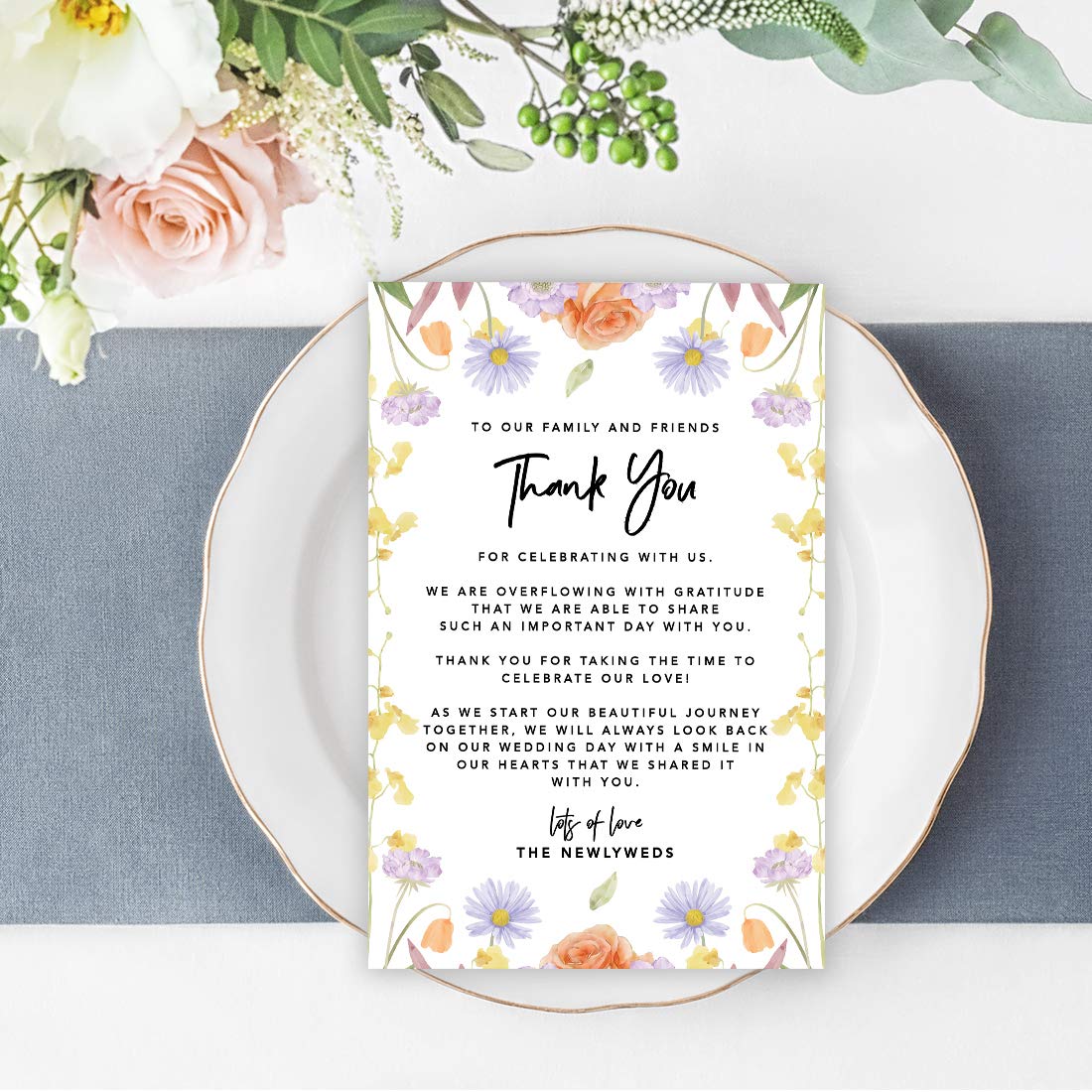 Andaz Press Classic Spring Florals Wedding Thank You Place Setting Cards for Table Reception, Dinner Plates, Wedding Favor Decoration Seating Settings for Guests, Family, Friends, 56-Pack, 4 x 6-Inch