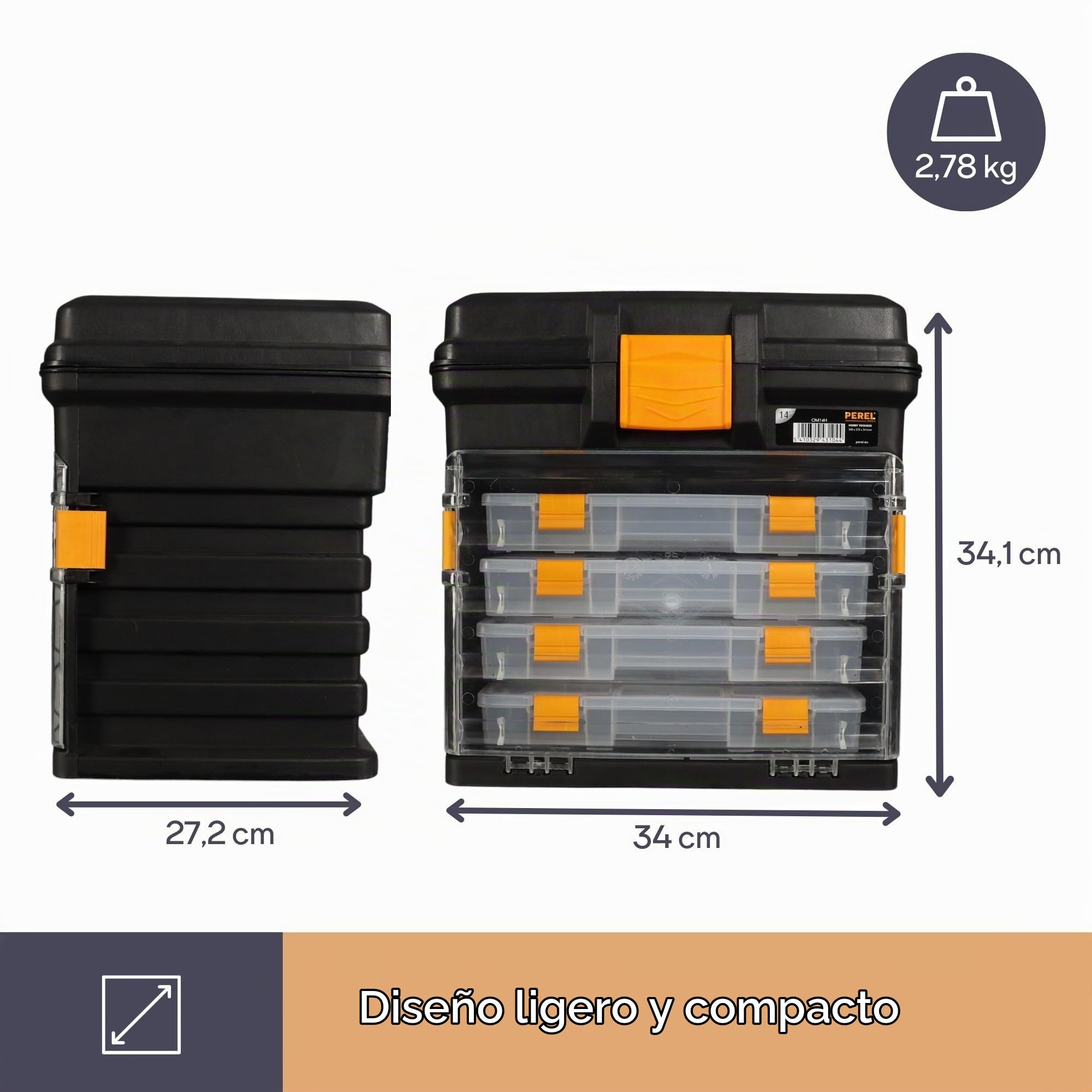 Perel Caja de almacenamiento multifuncional, polipropileno, 5 PC, portátil, con 4 cajas extraíbles para accesorios, negro/naranja, 340 x 272 x 341 mm