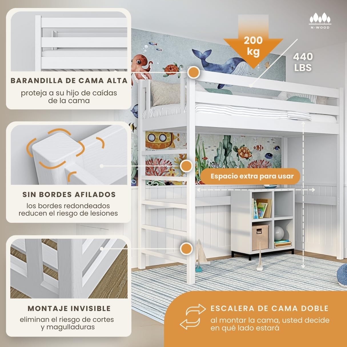 N01 Cama Loft 90x200 cm, 100% Madera Maciza, Cama Alta para niños y Adultos, Escalera Universal: Derecha o Izquierda, Somier Incluido, Sin Tornillos salientes, Hecho a Mano, Blanco