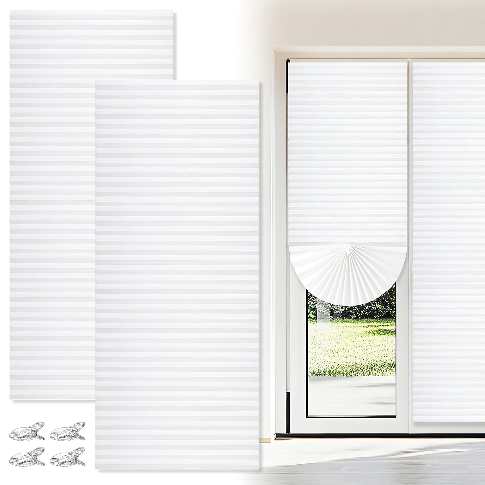 2 Pcs 90 * 280cm Paper Temporary Window Blinds for Sliding Door Semi Blackout Pleated Light Filtering Window Shades Free Cut Adhesive Paper Blinds for Window Door Home Office Room