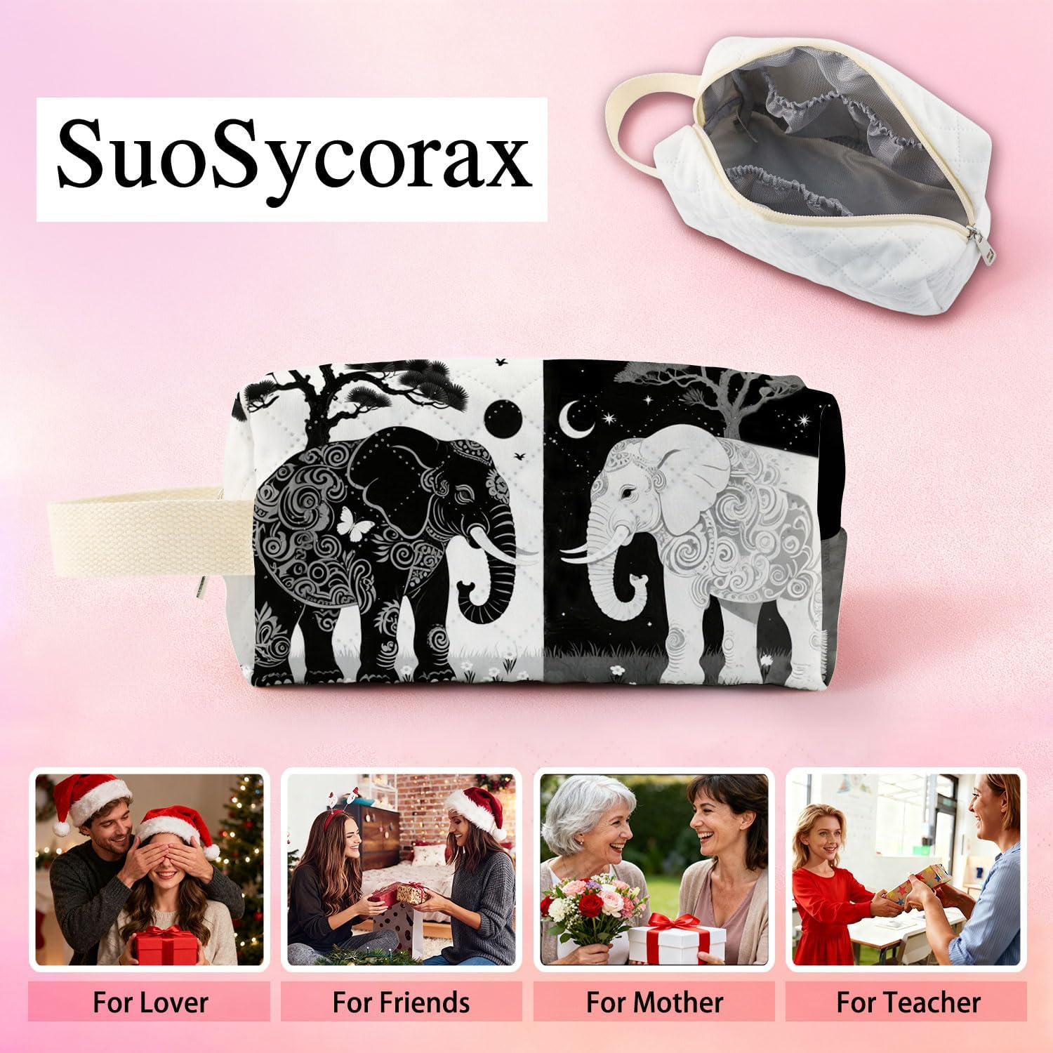 Yin & Yang Elephant Printed Quilted Makeup Bag for Women - Velvety Polyester Cosmetic Organizer w/Triple Compartments, Travel & Makeup Brush Holder - Image 7